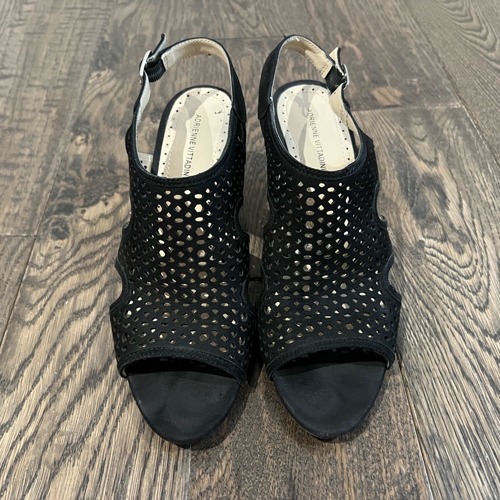Adrienne Vittadini Sandal, Black Suede, Wedge Heel, Size 9